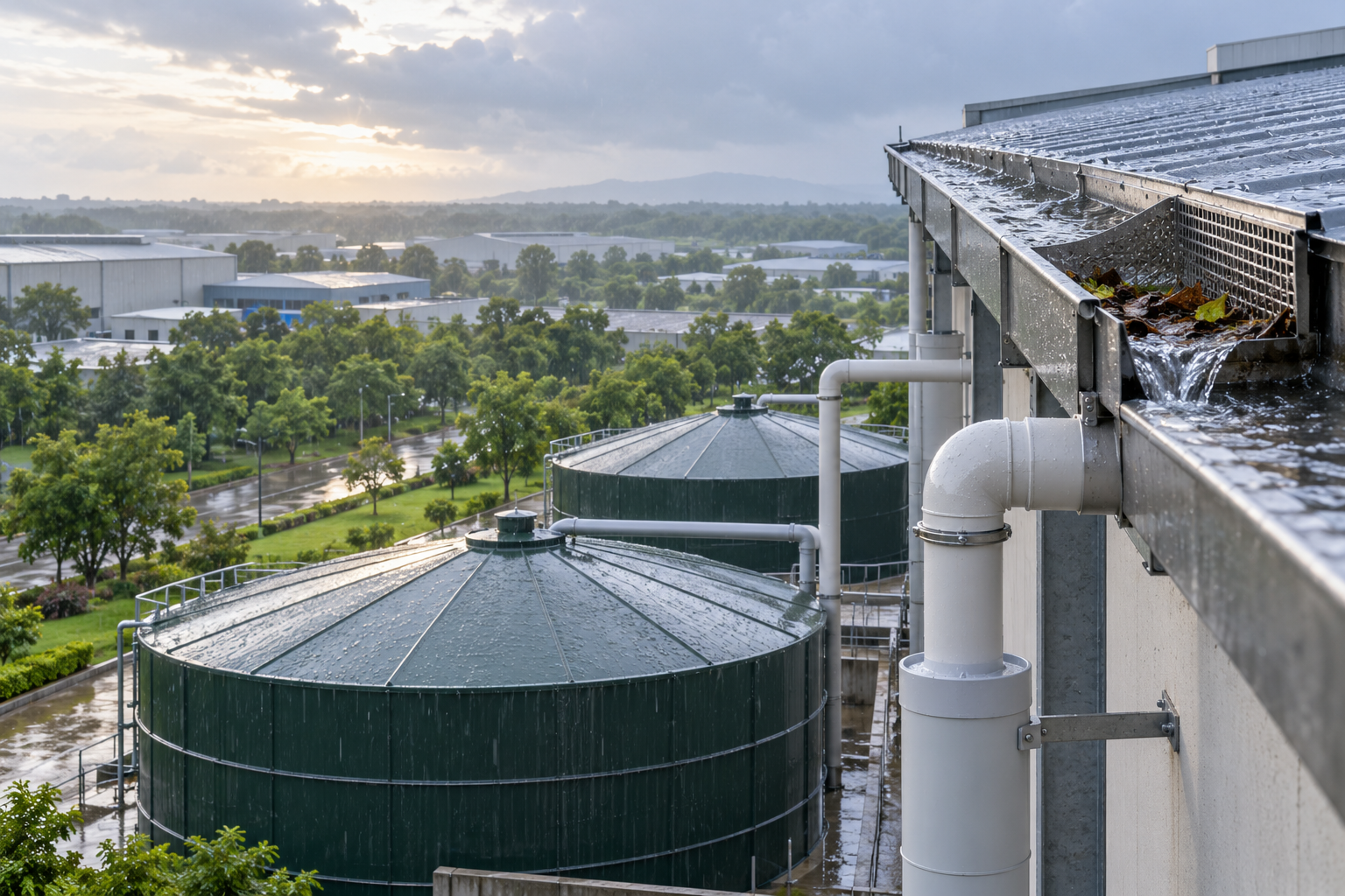 Rainwater flowing from an industrial rooftop through a screened collection channel toward covered storage tanks