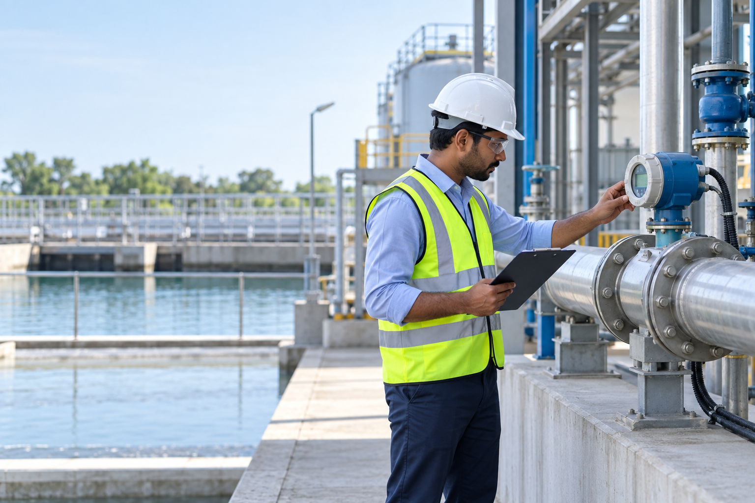 Industrial engineer checking a water flow meter as part of a facility water audit