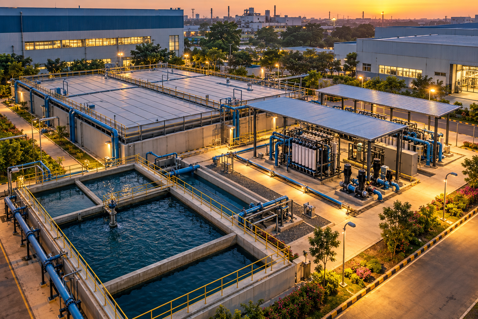 Aerial evening view of industrial water storage, treatment skids and connected reuse infrastructure