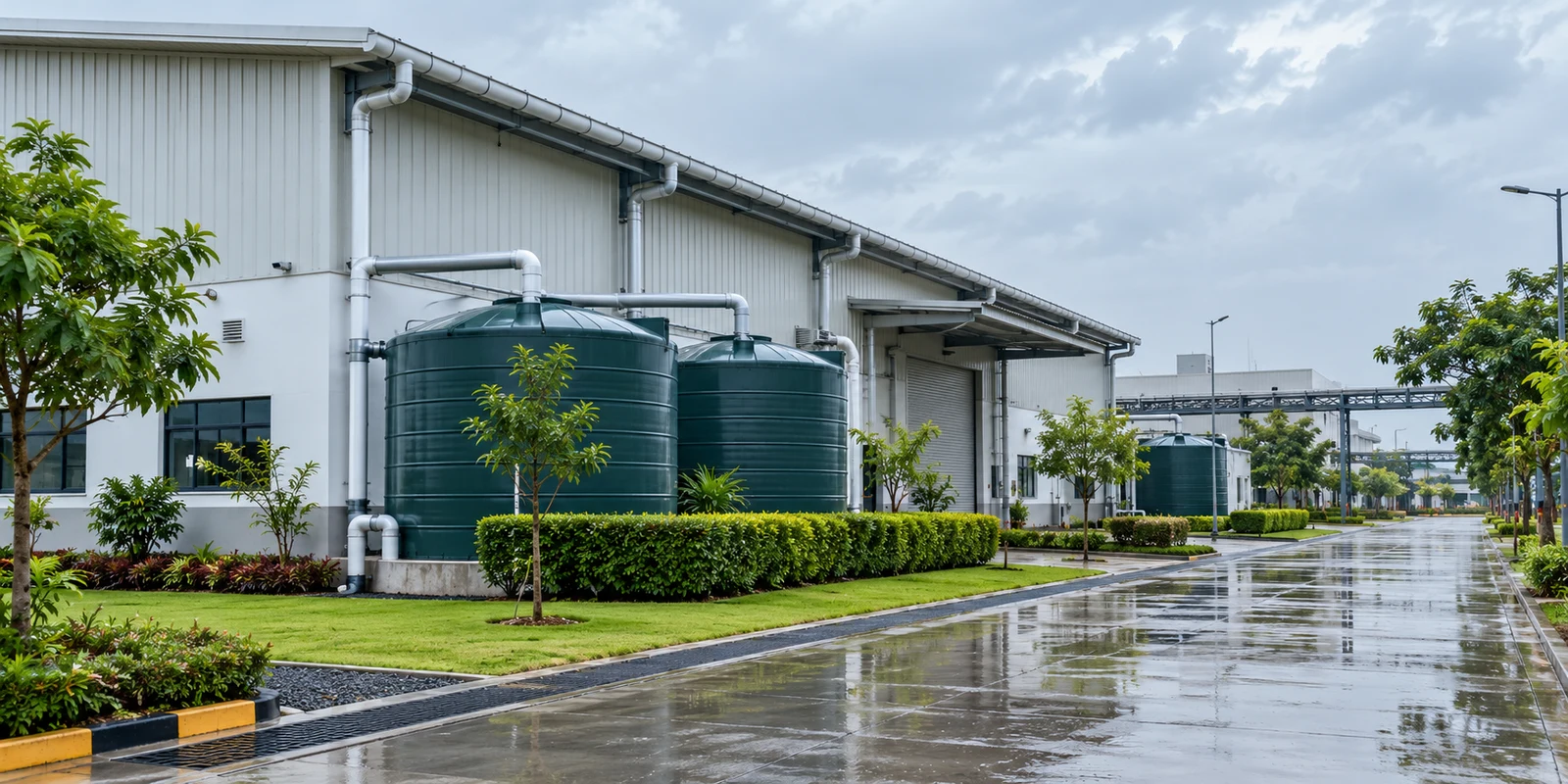 Industrial roof and collection channels planned as part of a rainwater-harvesting project